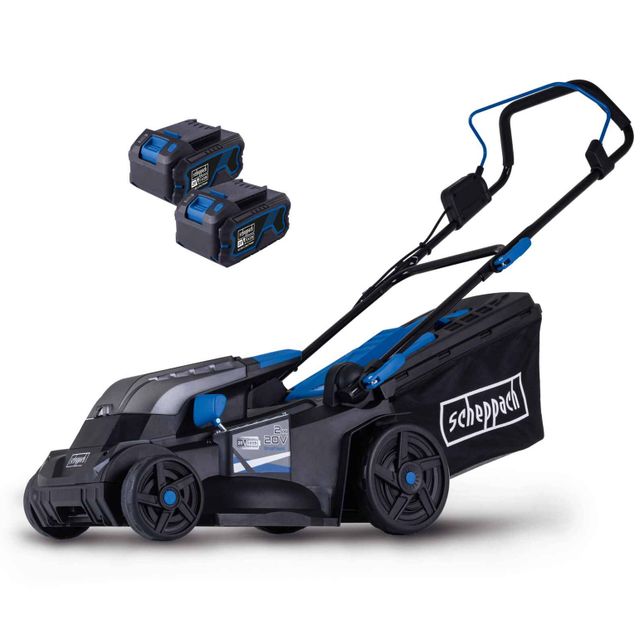 Scheppach cordless lawnmower with two batteries and charger. The mower has large wheels and a sturdy build.